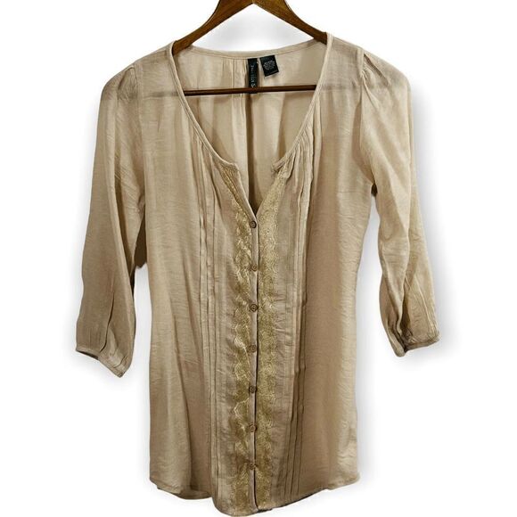 Full Tilt Boho Cottagecore Lace Peasant Blouse Beige Romantic Feminine XS - Picture 3 of 10